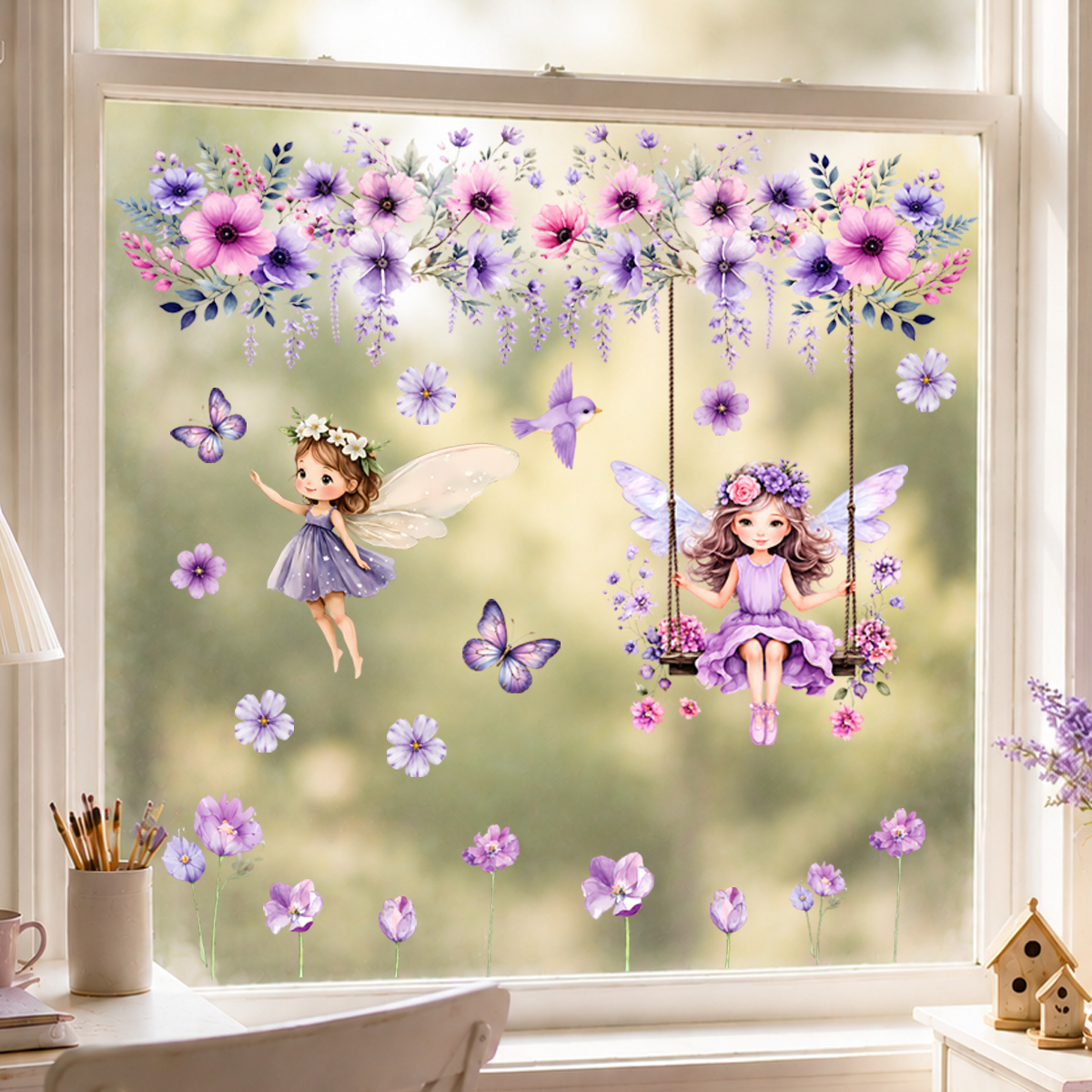 Wall Decal Nursery - Purple Flower Fairy Wall Sticker for