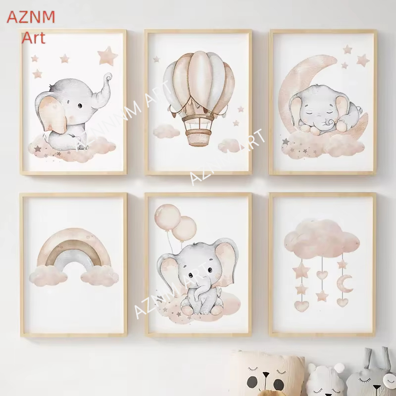 Baby Nursery Wall - Elephant Balloon Rainbow Moon Stars Cloud