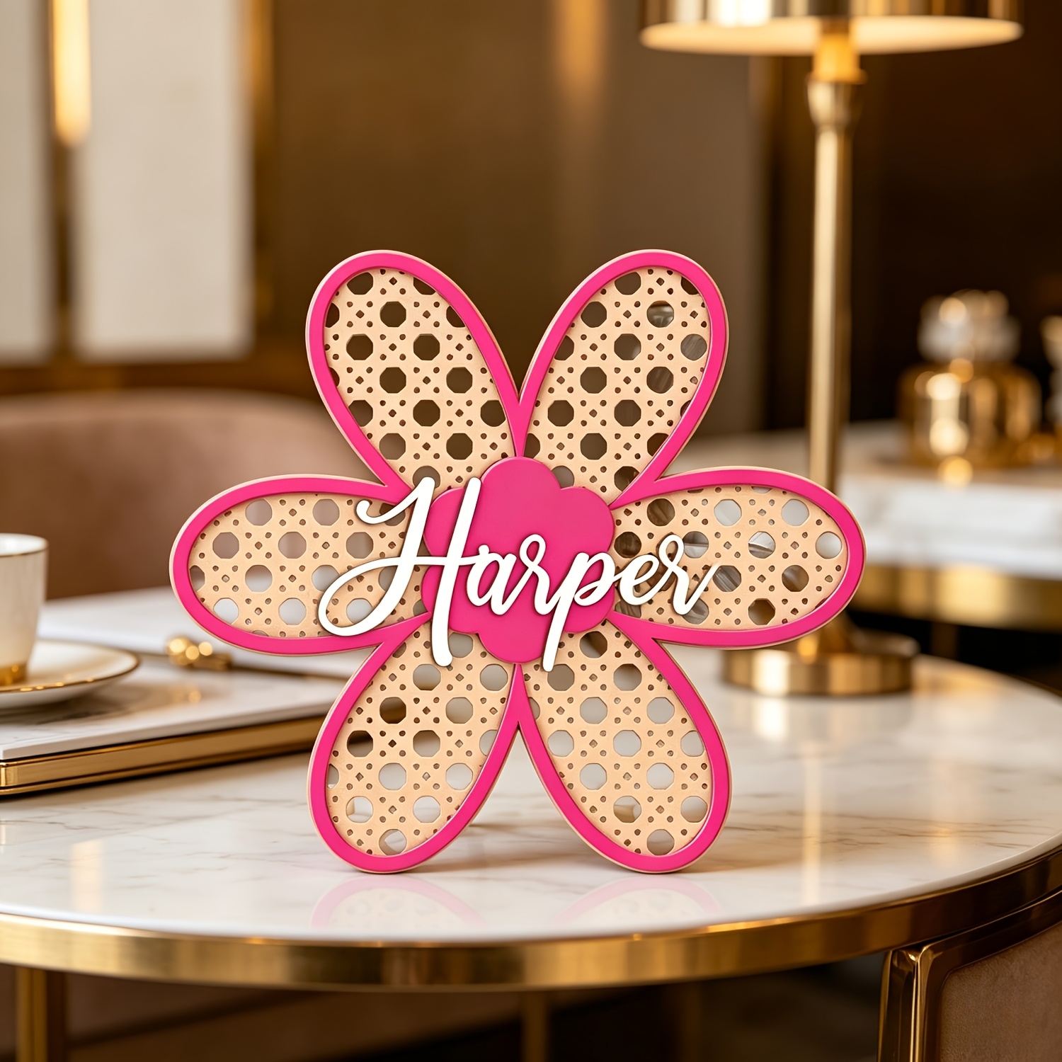 Baby Nursery Decorations - Personalized Boho Rattan Flower Name Sign,