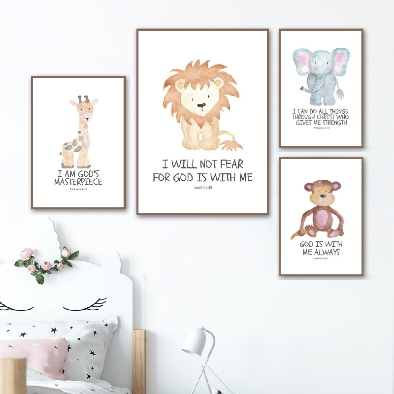 Baby Nursery Animal Theme - Bible Verse Animal Prints Watercolor Safari