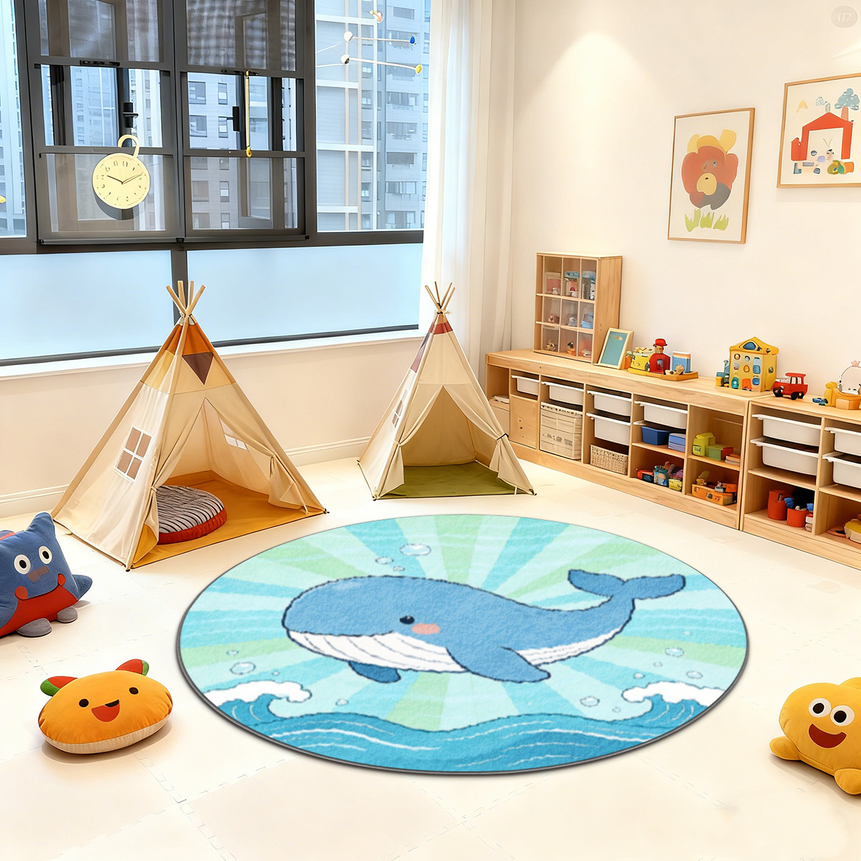 Baby Nursery Ocean Theme - Soft Whale Ocean Round Rug for