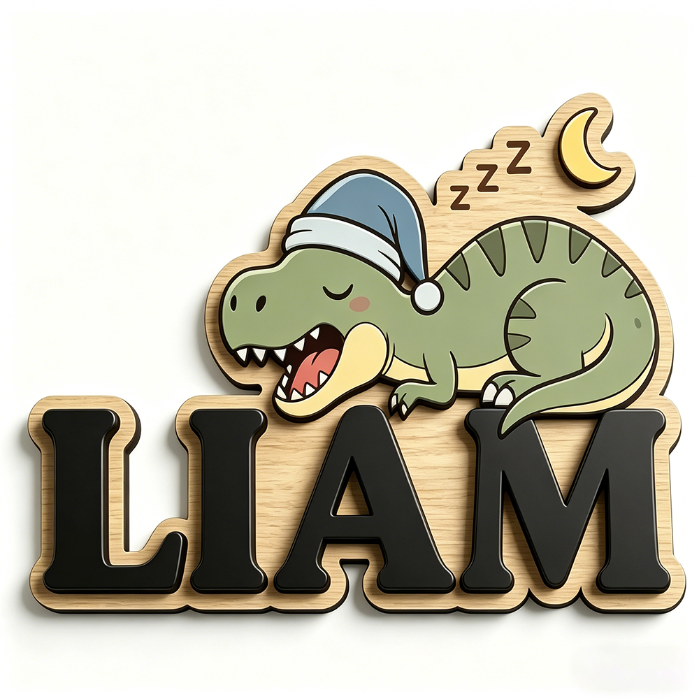 Baby Nursery Decorations - Personalized Sleepy Dinosaur Name Sign, Wooden