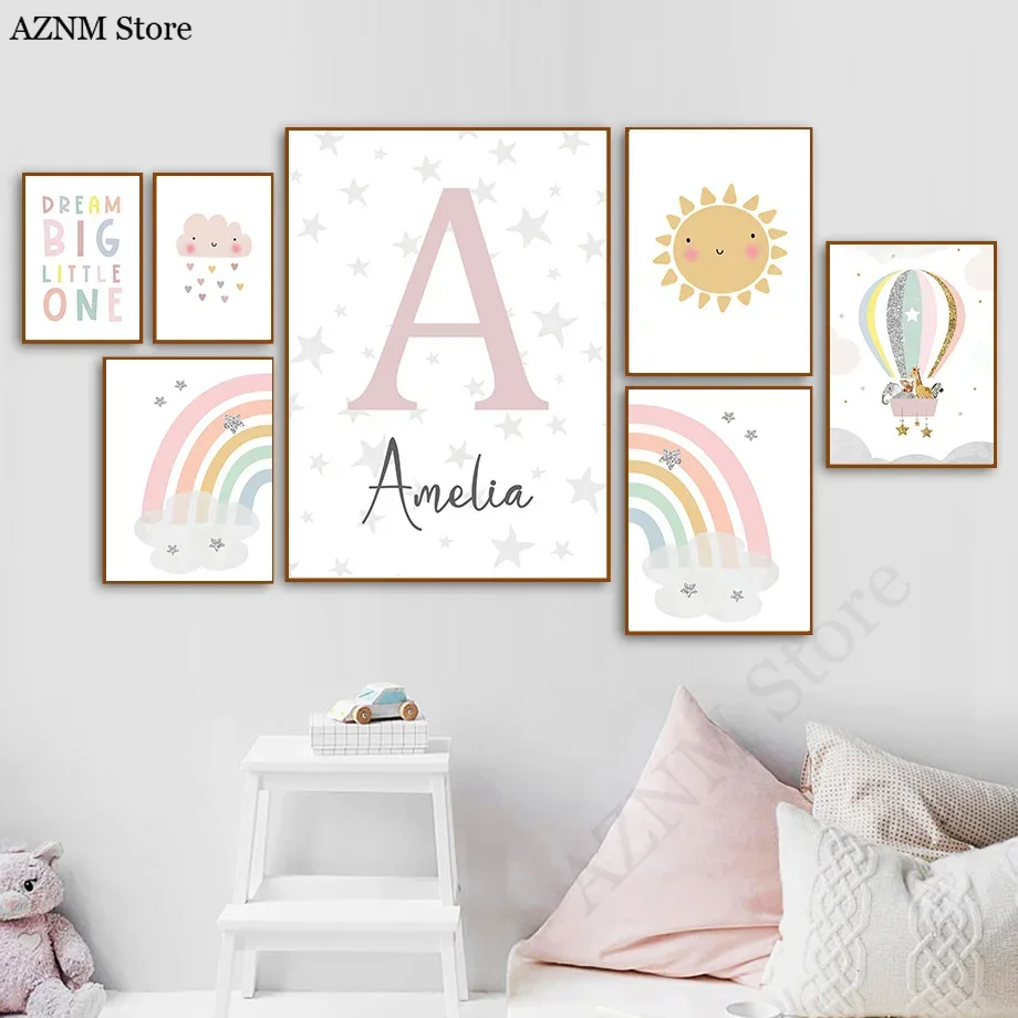 Baby Nursery Name Wall Art - Giraffe Elephant Hot Balloon Sun Rainbow