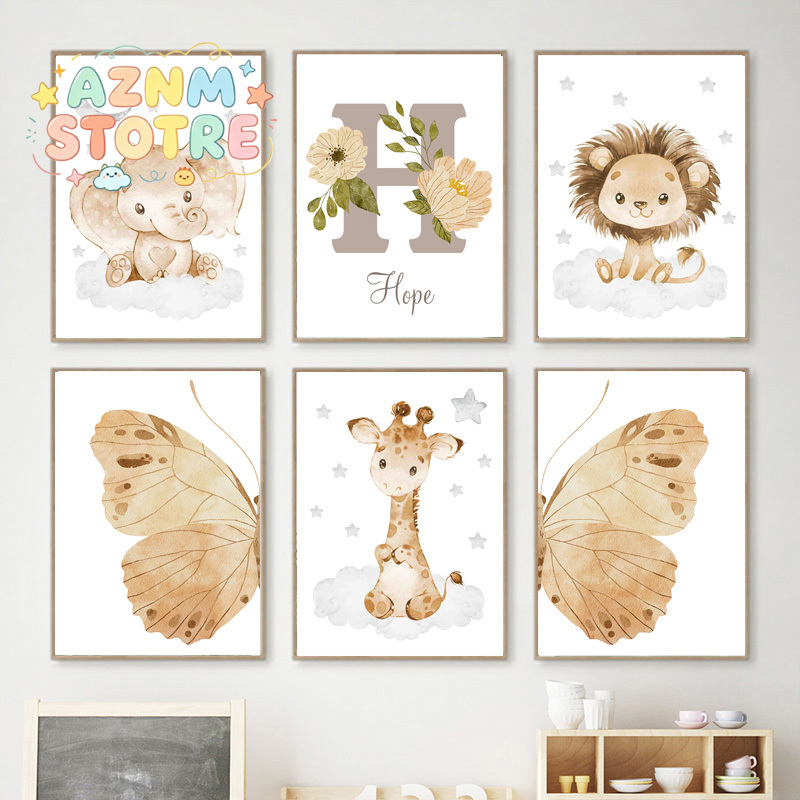 Baby Nursery Name Wall Art - Elephant Giraffe Lion Custom Baby Name