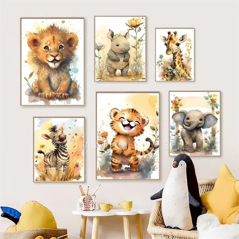 Baby Nursery Wall Decor - Watercolor Lion Giraffe Tiger Elephant Zebra