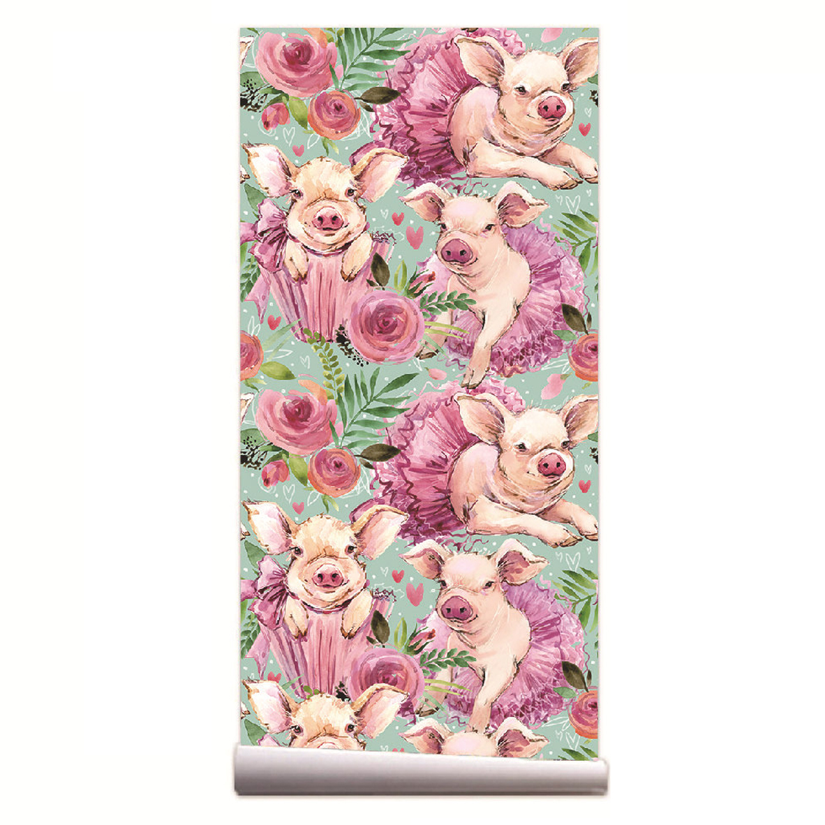 Baby Nursery Animal Theme - Pink Rose Floral Cute Baby Pig
