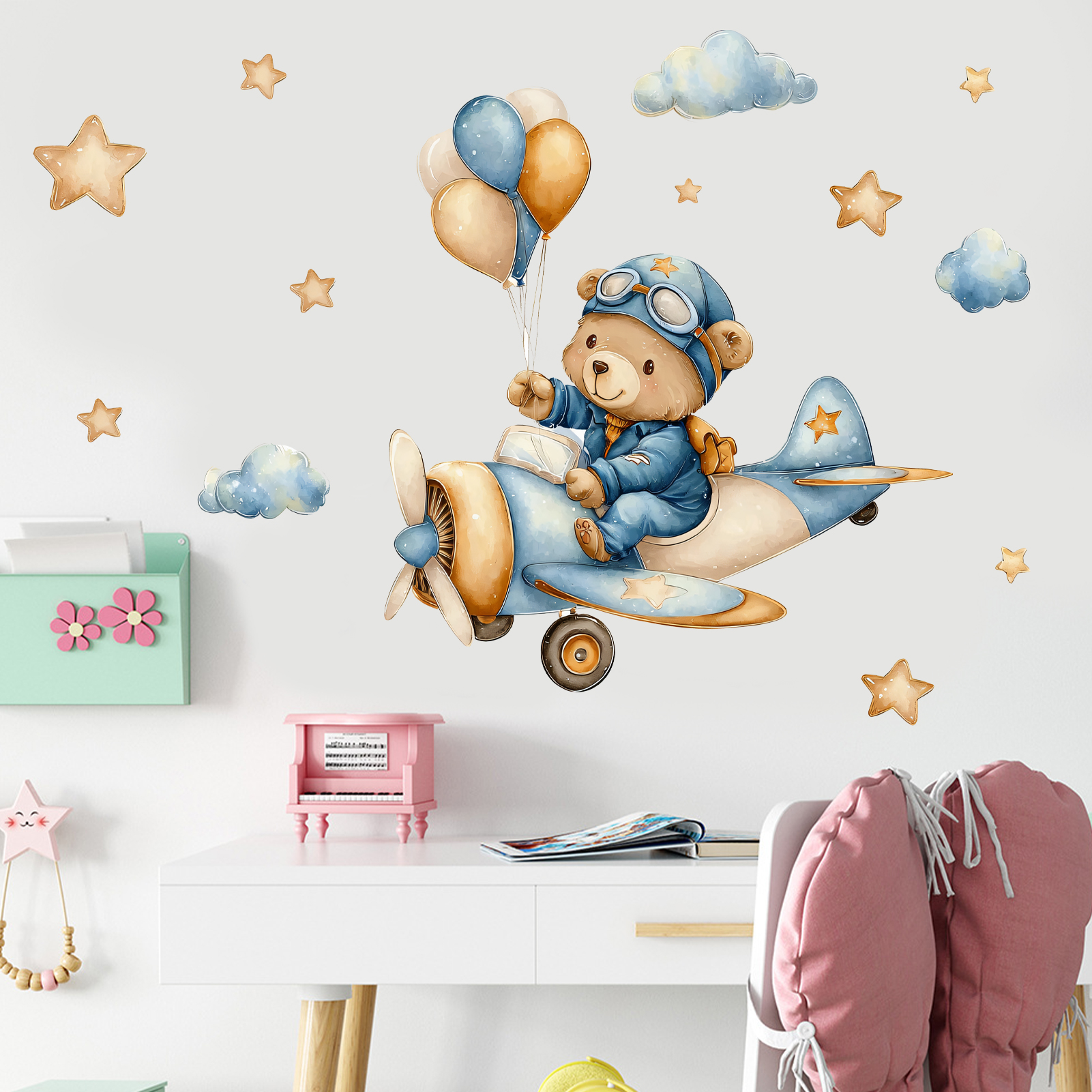 Wall Decal Nursery - Watercolor Aviator Teddy Bear Wall Stickers,