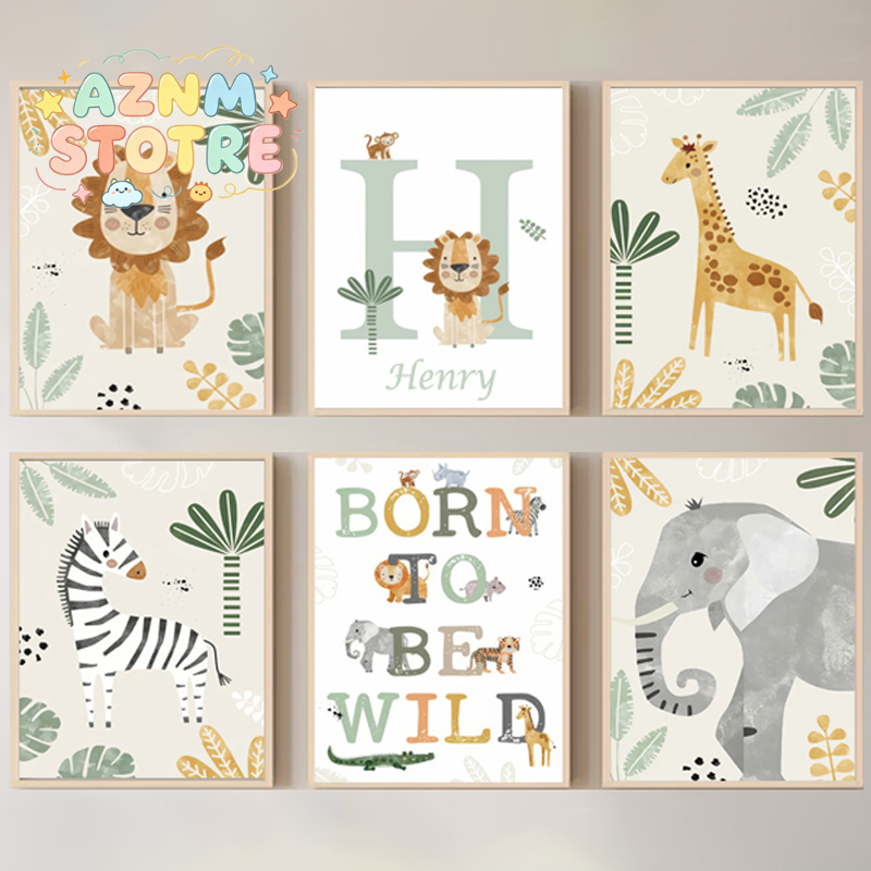 Baby Nursery Name Wall Art - Baby Name Customized Poster Jungle Animals