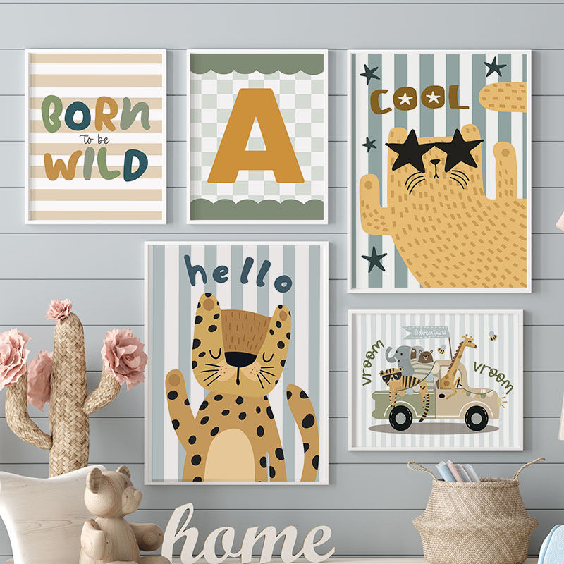 Kawaii Tiger Lion Giraffe Car  - Baby Nursery Name Wall Art 리뷰 및 가격