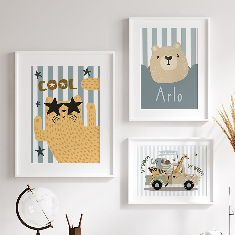 Kawaii Tiger Lion Giraffe Car  - Baby Nursery Name Wall Art 리뷰 및 가격