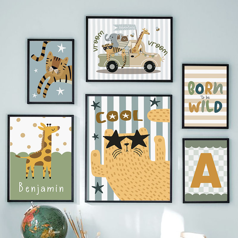 Kawaii Tiger Lion Giraffe Car  - Baby Nursery Name Wall Art 리뷰 및 가격