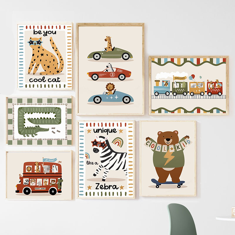 Funny Cartoon Animals Car Bus  - Baby Nursery Wall 리뷰 및 가격