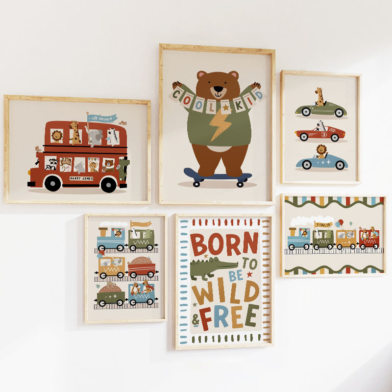 Funny Cartoon Animals Car Bus  - Baby Nursery Wall 리뷰 및 가격