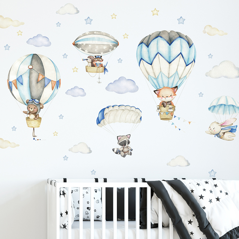 Cartoon Cute Animals Hot Air B - Wall Decal Nursery 리뷰 및 가격