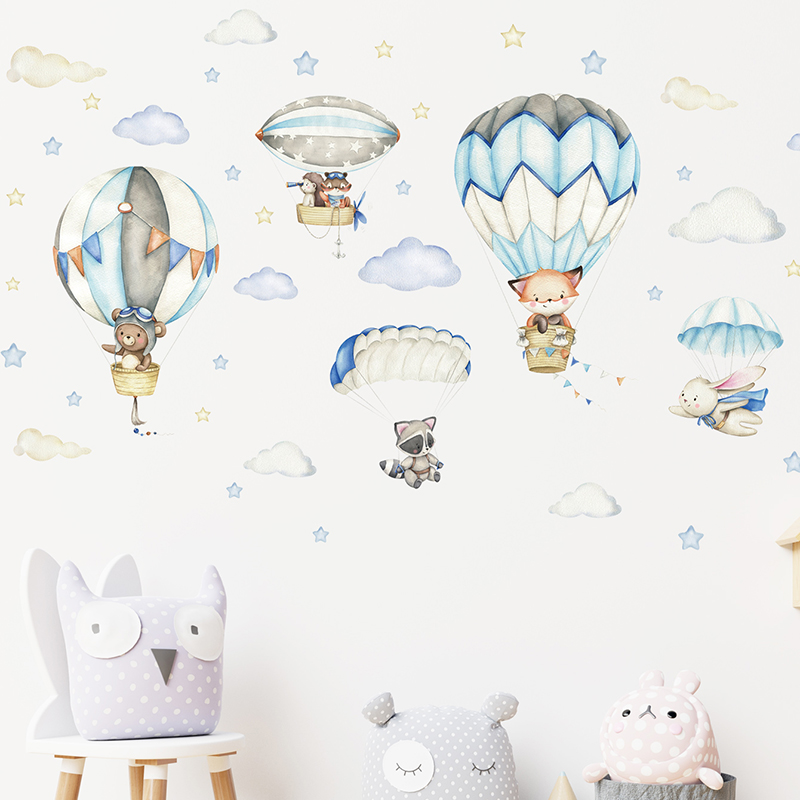 Cartoon Cute Animals Hot Air B - Wall Decal Nursery 리뷰 및 가격
