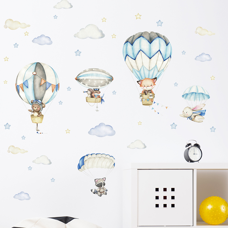 Cartoon Cute Animals Hot Air B - Wall Decal Nursery 리뷰 및 가격
