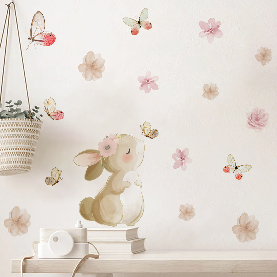 Cartoon Rabbit Flowers Butterf - Baby Nursery Girl Room 리뷰 및 가격