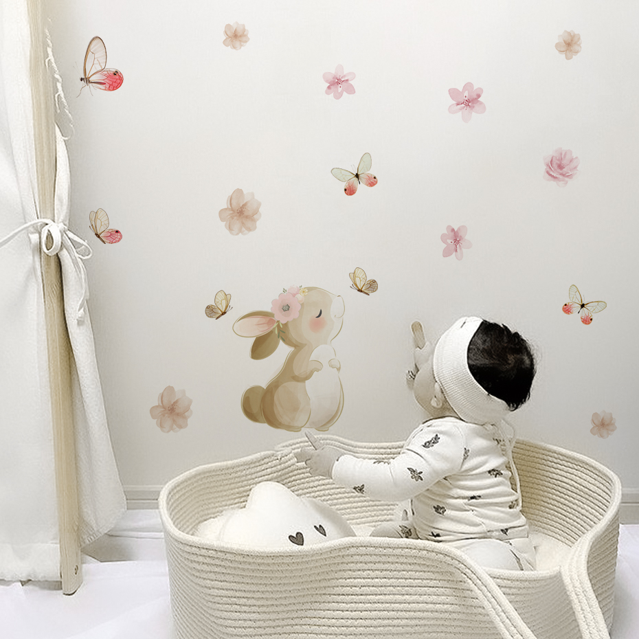 Cartoon Rabbit Flowers Butterf - Baby Nursery Girl Room 리뷰 및 가격