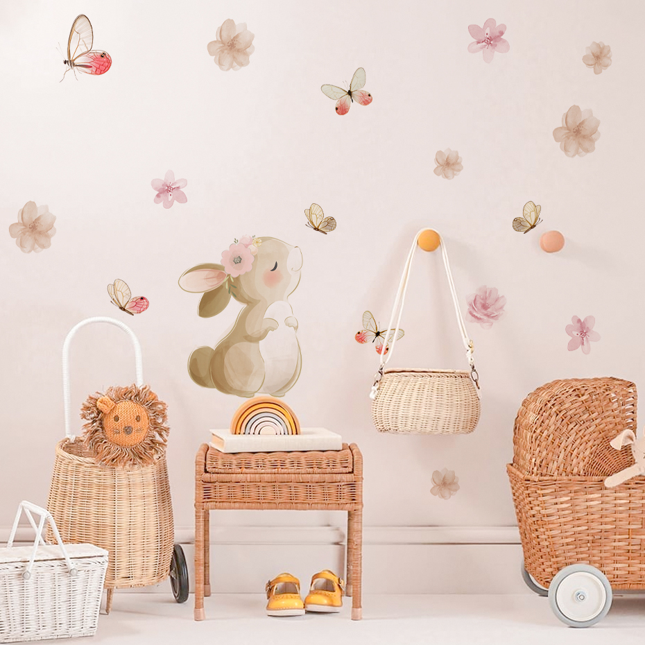 Cartoon Rabbit Flowers Butterf - Baby Nursery Girl Room 리뷰 및 가격