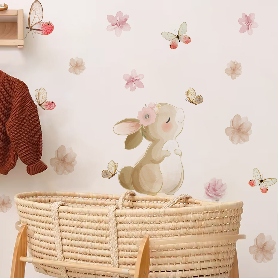 Cartoon Rabbit Flowers Butterf - Baby Nursery Girl Room 리뷰 및 가격