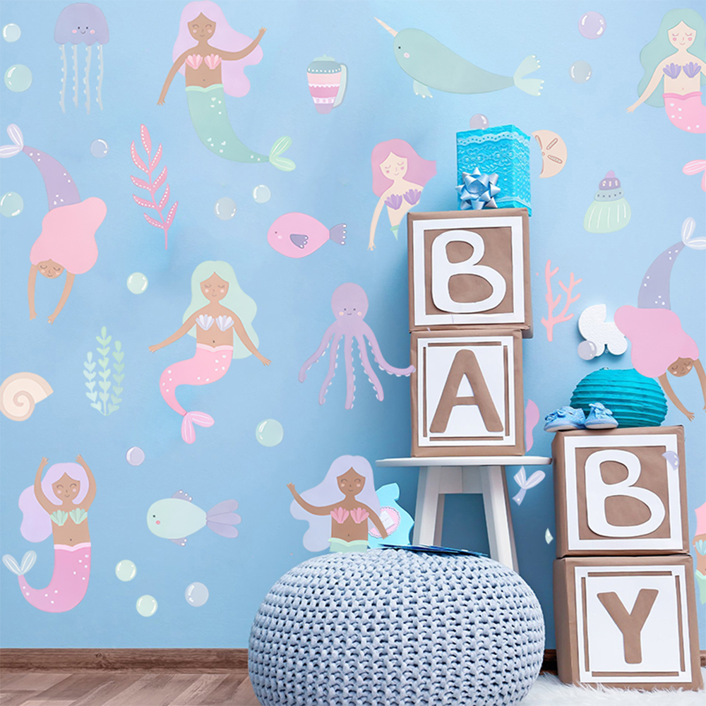 Watercolor Mermaid Wall Sticke - Baby Nursery Ocean 리뷰 및 가격