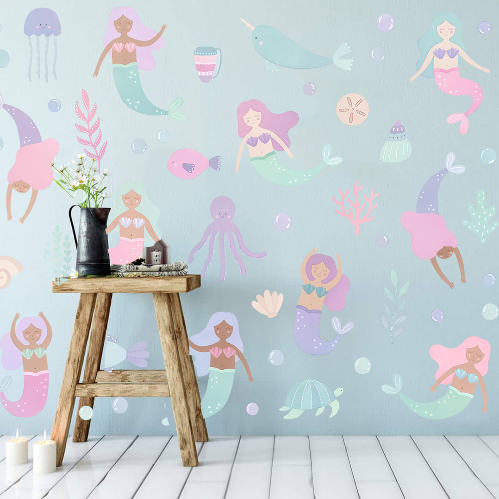 Watercolor Mermaid Wall Sticke - Baby Nursery Ocean 리뷰 및 가격