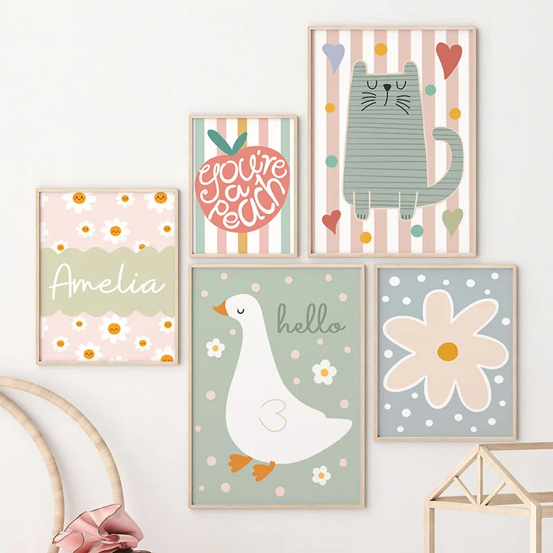 Cartoon Cat Duck Bird Apple Cu - Baby Nursery Name Wall Art 리뷰 및 가격