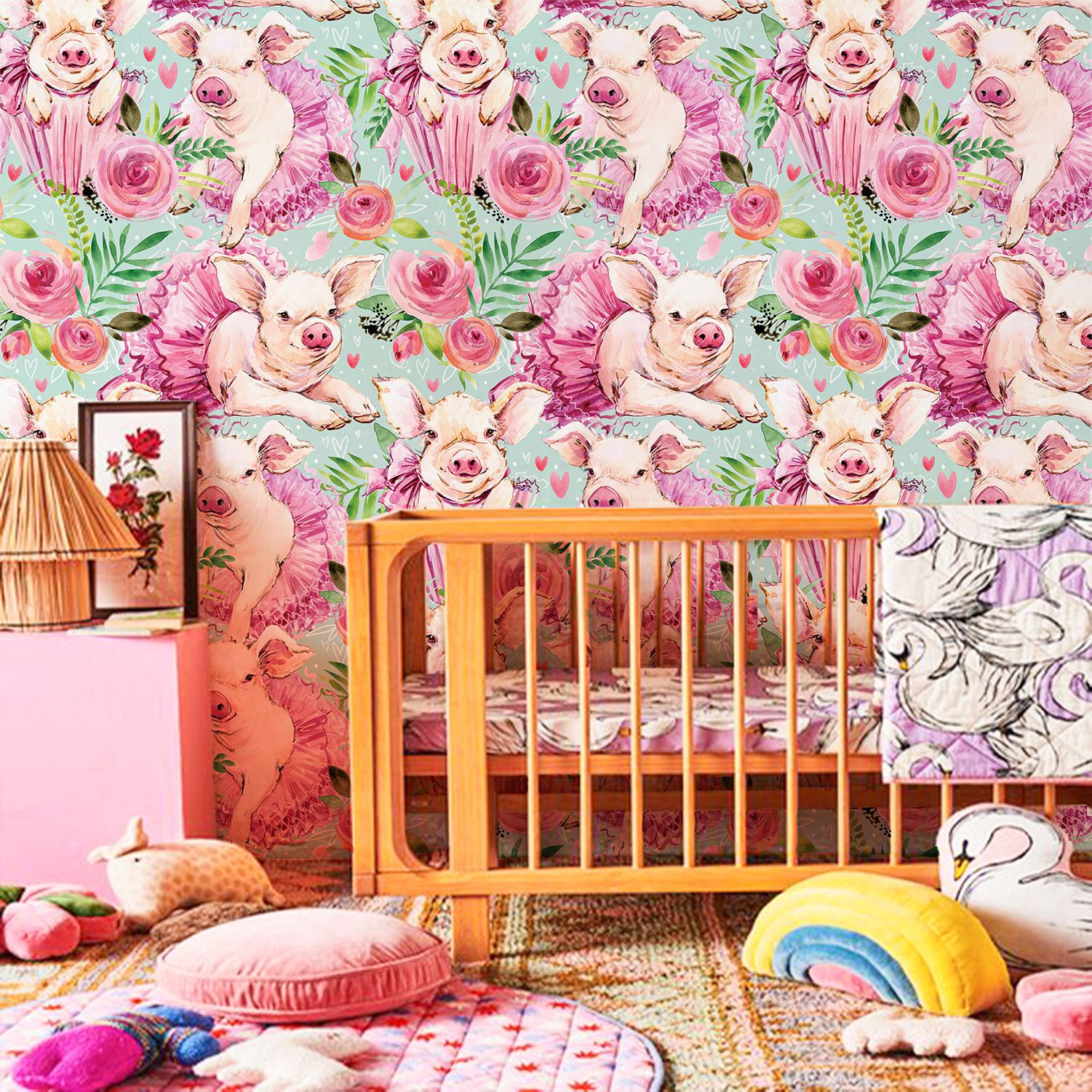 Pink Rose Floral Cute Baby Pig - Baby Nursery Animal Theme 리뷰 및 가격