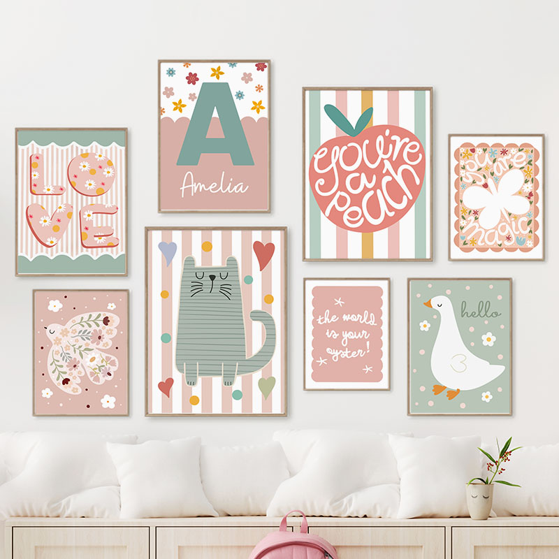 Cartoon Cat Duck Bird Apple Cu - Baby Nursery Name Wall Art 리뷰 및 가격
