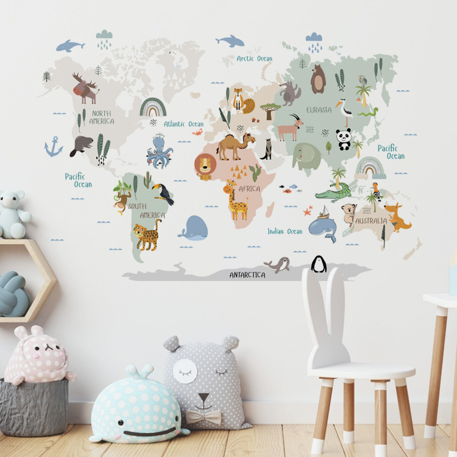 Watercolor  Cartoon World Map  - Baby Nursery Girl Room 리뷰 및 가격