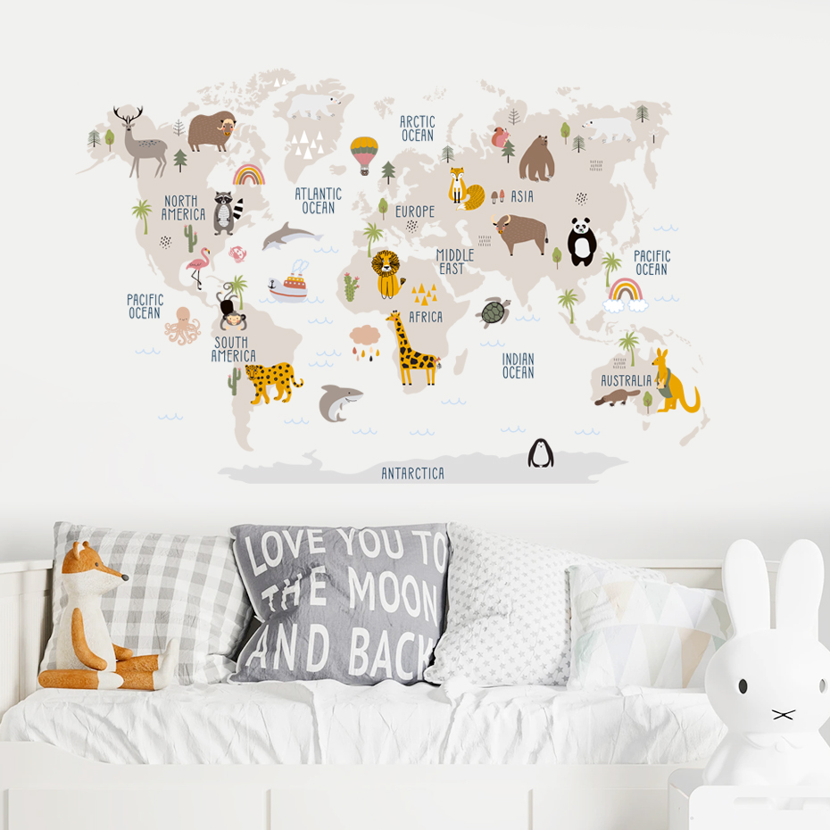 Watercolor  Cartoon World Map  - Baby Nursery Girl Room 리뷰 및 가격