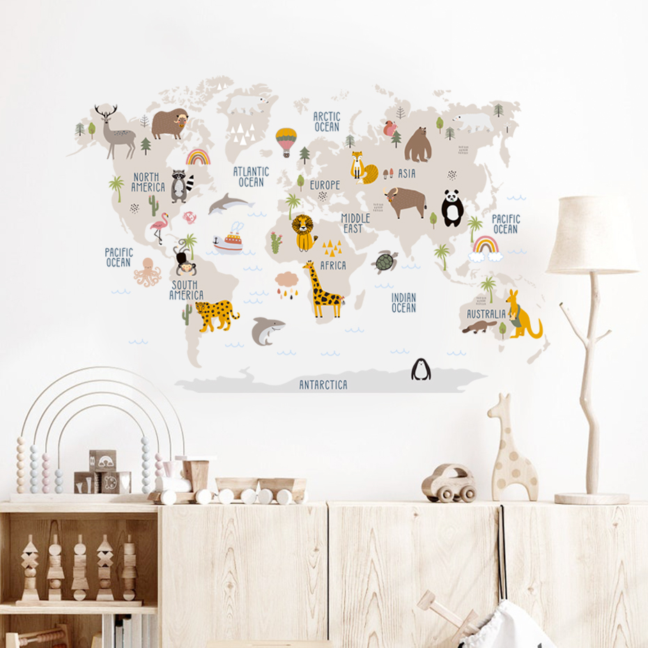 Watercolor  Cartoon World Map  - Baby Nursery Girl Room 리뷰 및 가격