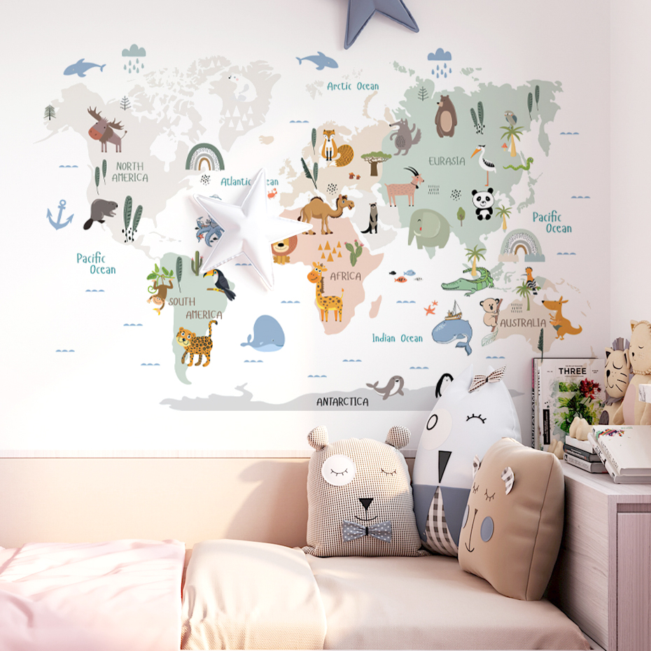 Watercolor  Cartoon World Map  - Baby Nursery Girl Room 리뷰 및 가격